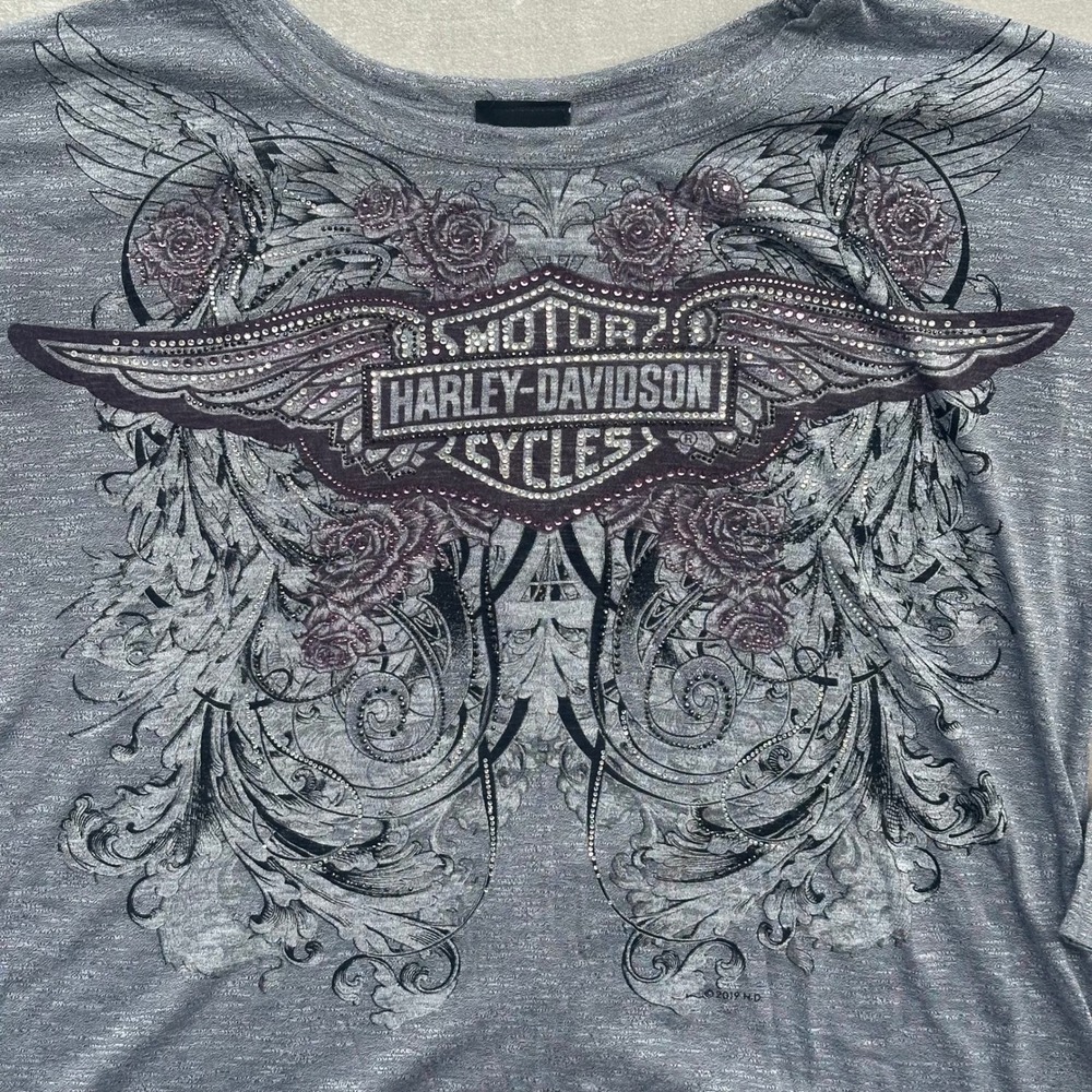 Harley-Davidson Women's Gray Open Back Embellished 3/4 Sleeve Shirt Large - Picture 3 of 7